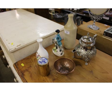 A silver plated teapot; copper bowl; Coalport "Ming Rose" vase; a figure and a stoneware bottle 