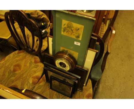 A collection of pictures and prints; a mirror and barometer set; lacquered tray etc. 