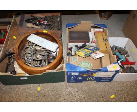Three boxes of various sundries to include corkscrews, playing cards, chess pieces, furniture handles etc. 