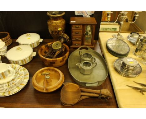 A jewellery cabinet; various wooden items; barometer; an oval pewter tray; a cream jug and sugar bowl