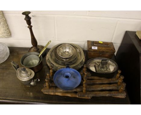 A two compartment tea caddy; a candle stand; a folding hat and coat rack; various metalware to include copper pans, silver pl
