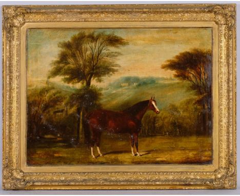 Portrait of a Bay horse in landscape, 19th century oil on canvas, unsigned, 50cm x 70cm, framed2 patch repairs, generally dir