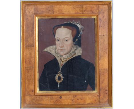 Portrait of Queen Mary I, 17th/18th century oil on oak panel, the subject wearing a jewelled pearl-mounted headdress, lace-tr