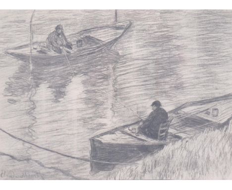 Claude Monet, Pecheurs A La Ligne, etching, plate 17cm x 23cm, framedPaper discolouration