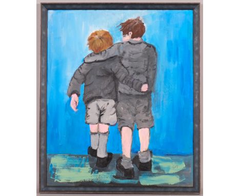 Contemporary portrait of 2 boys, oil on board, signed Rory, 60cm x 50cm, framedGood condition