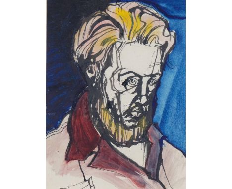 John Holdcroft, self portrait, ink/watercolour, 19cm x 13cm, framed, together with a photograph of the artist