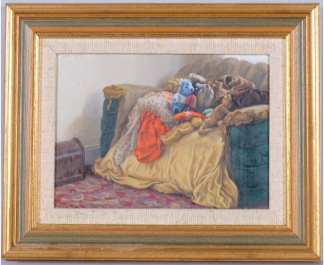 Peter Radmall, Toys On The Sofa, oil on canvas, 1987, 14cm x 19cm, framedGood condition