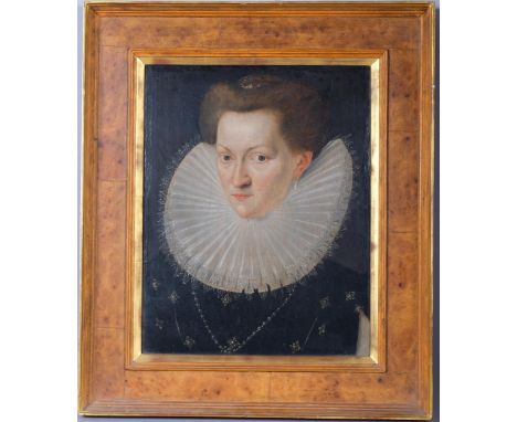 Portrait of a lady thought to be Queen Elizabeth I, 17th/18th century English School, oil on oak panel, the subject wearing a