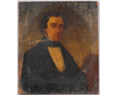 19th century British School, portrait of a gentleman, oil on canvas, unsigned, 35cm x 30cm, unframedHorizontal tear across hi