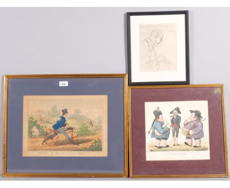 T Cruickshank, Pedestrians Travelling On The New Invented Hobby Horse, aquatint, together with a caricature print and pencil 