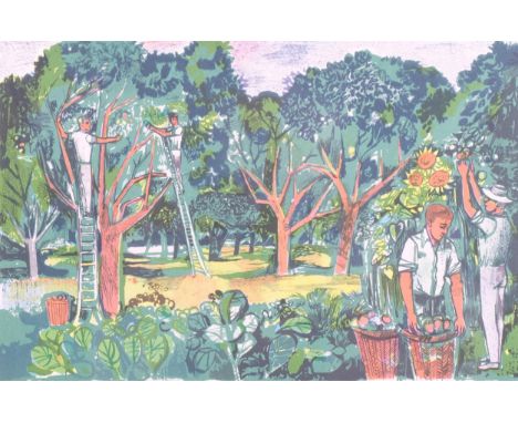 John Minton, Apple Orchard Kent, lithograph, printed by Chromoworks Ltd London 1953, plate 15cm x 23cm, mountedGood condition