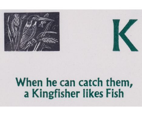Enid Marx (1902-1998), limited edition wood engraving on paper, When he can catch them, a Kingfisher likes Fish, from An ABC 