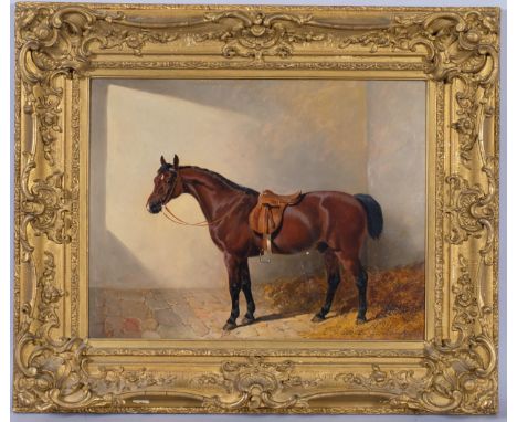John Frederick Herring Snr (1795 - 1865), portrait of a saddled horse in the stable, Bobby, 1846, oil on panel, 35cm x 45.5cm