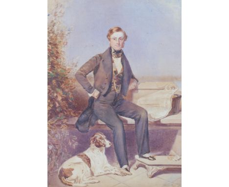 19th century portrait of a man and his dog, watercolour, unsigned, 51cm x 37cm, framedSlight paper discolouration, some light