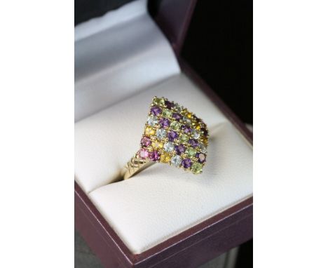 9ct gold diamond and multi gemstone ring size T 1/2, 4.5gm