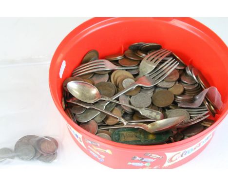 Tub of mixed vintage Coinage, mainly UK to include Silver plus a small amount of Silver plated cutlery