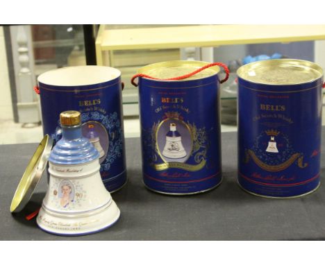 Three Royal Decanter Bells Scotch Whisky commemorative bells, Queen Mother 90th birthday, birth of Princess Eugenie &amp; bir