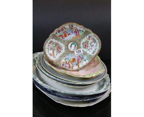Collection of mainly ceramic oval Meat plates, various types plus a Chinese Famille Rose dish with staple repair