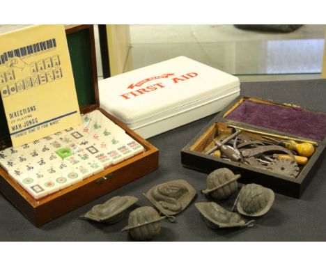 Six early 20th century aspic moulds, box containing engineering tools, Ever Ready first aid kit &amp; contemporary Mah-Jong s