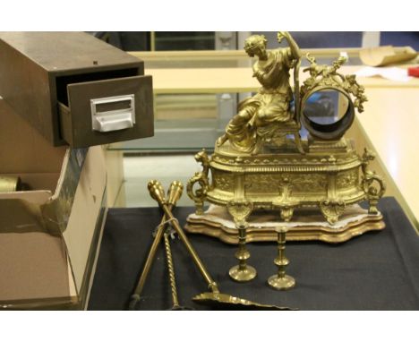 Gilt metal French mantle clock case, two fire irons, a spitjack &amp; metal filing drawer