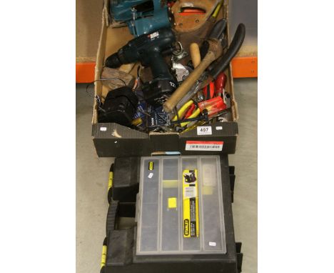 Box of various tools, Black &amp; Decker drill with charger and spare battery, Stanley tool box 