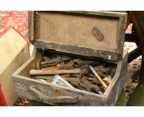 20th century wooden toolbox containing tools, to include pliers, spanners etc