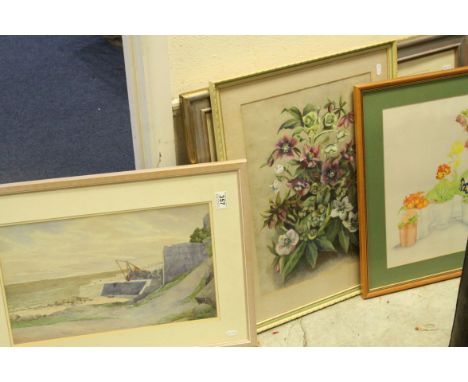 Watercolour by AJ Clayton of Flowers, a coastal scene, a print and another watercolour of flowers (4)