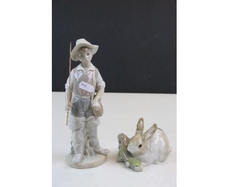 Lladro ceramic model of a Boy Fisherman plus another of a Rabbit with log, boy approx 22cm tall
