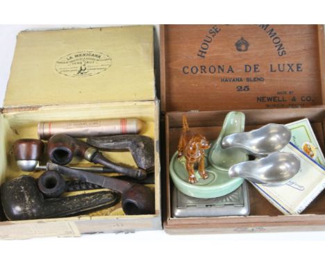 Two Cigar boxes of mixed vintage Smoking collectables to include a cased Meerschaum pipe, Wade Ashtray etc