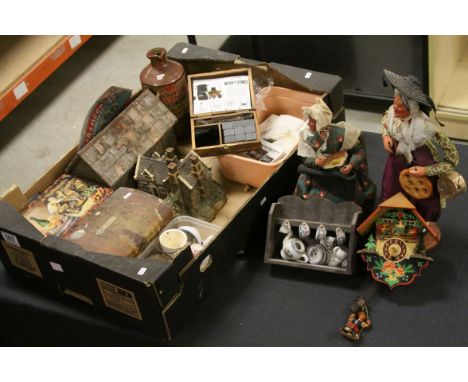 Box of misc collectables to include miniature ceramic dolls items 1935 wood money box, vintage tins, stone ware Stephens writ