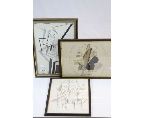 Pencil drawing of a stylised portrait, initialled FL 1920, one other of geometric design signed WL &amp; a framed collage (3)