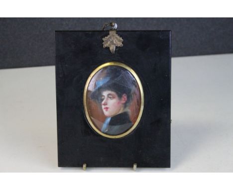 Oil painting oval miniature portrait of a 19th century lady in plumed hat 