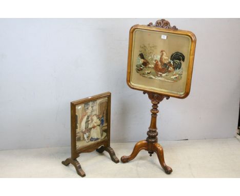 19th century Mahogany Pole Screen, the panel with needlework and padded scene of Chickens raised on a turned shaft with three
