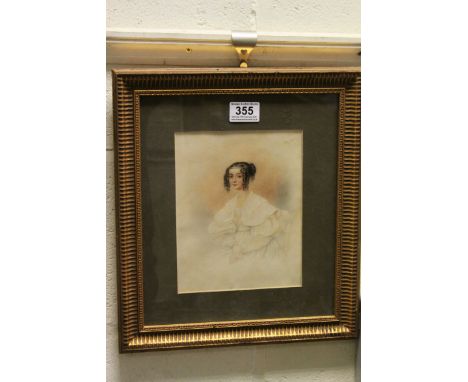 19th Century fine watercolour portrait of a young lady in a flowing gown 
