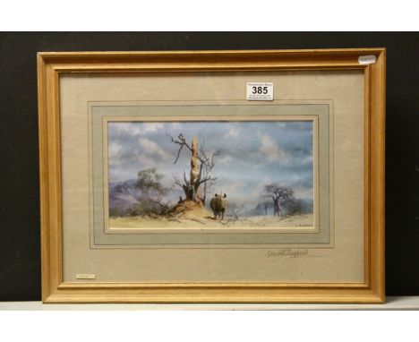 David Shepherd framed print of rhino in African landscape, signed in pencil on mount and signed verso 'To happy days in Kenya