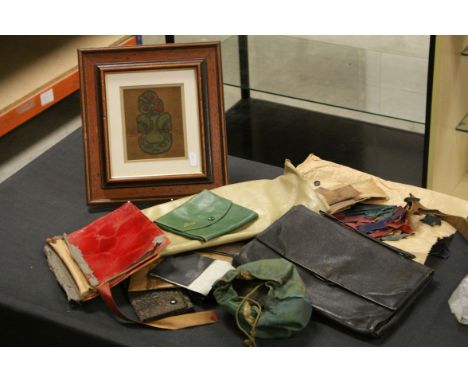 Quantity of vintage leather wallets, clutch bags etc &amp; a framed Maori portrait of a Tiki