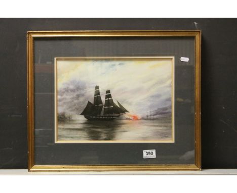 K S Tadd, 20th century watercolour, tall ships in a harbour scene with fire in the background, signed approx 26cm x 35cm