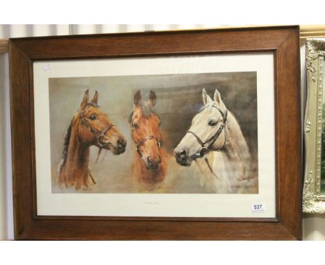 S L Crawford equine print of Arkle, Red Rum and Desert Orchid in an oak frame, approx.48cm x 73cm 