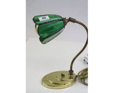 Brass Table lamp with Floral design &amp; marbled green Glass leaded Shade, stands approx 32cm