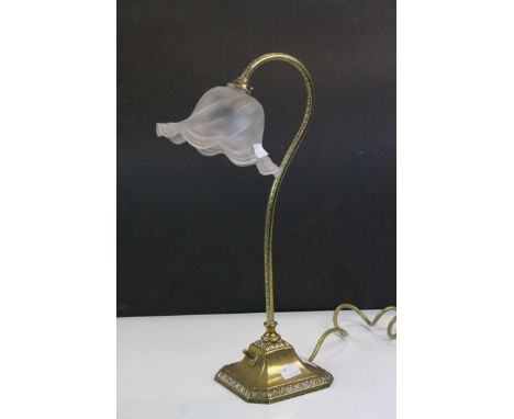 * Brass table Lamp with Frosted Glass shade &amp; approx 41cm tall ***Please note that VAT is applicable to the hammer price 