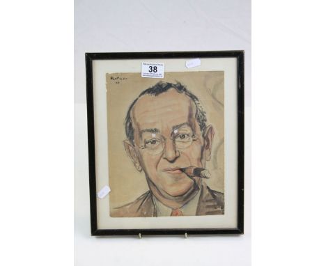 Framed &amp; glazed Watercolour Portrait of a Man smoking a Cigar, signed "Portner 40" (Alex Portner 1910 - 1975), image appr