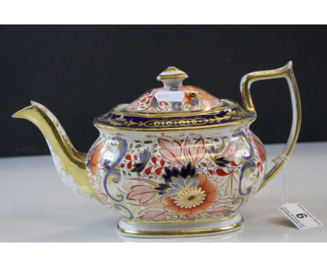 *Imari pattern Coalport ceramic teapot with lid, oblong rectangular shape with bulging sides &amp; high handle, numbered 692 