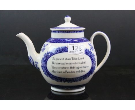 *Wedgewood blue &amp; white John Wesley Teapot with related Religious text to side, a copy of the original, stands approx 17c