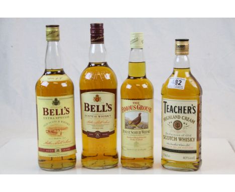 Two bottles of Bells Scotch Whisky, a bottle of Famous Grouse &amp; a bottle of Teachers (4)