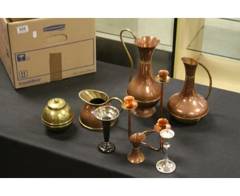 Box of metalware to include arts and crafts copper dish, a Lipton tea caddy, Benson style 3 branch candlestick etc