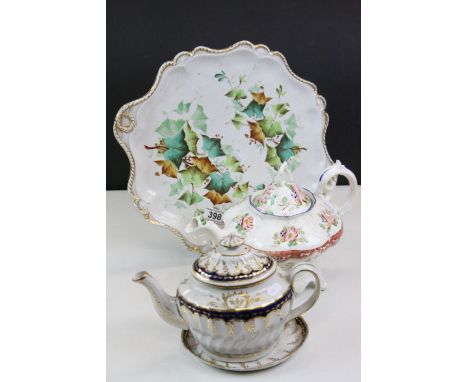*Victorian teapot, a New Hall teapot and stand painted with blue enamel and gilded foliate, &amp; a porcelain dish decorated 