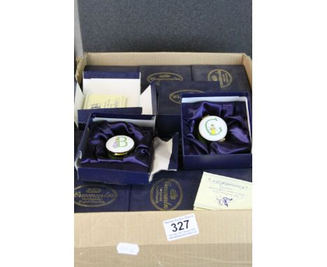 26 boxed Crummles Enamel pill boxes, mainly with COA's all with Letter's of the Alphabet decoration to the lids