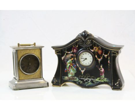 Two Clocks to include a Carriage Clock style Mantle Clock, maker marked FMS with eagle to movement plus a Ceramic mantle cloc