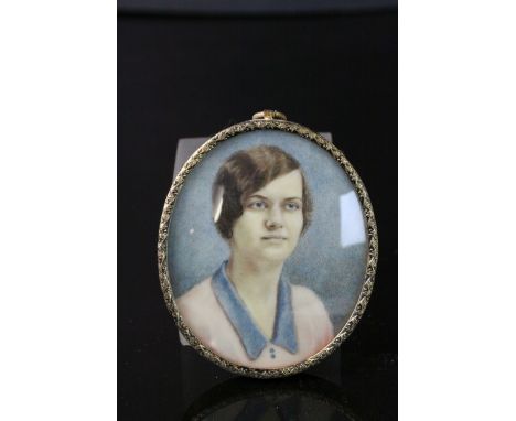 Brass framed &amp; glazed Miniature hand painted Portrait of a Lady, approx 8 x 6.5cm
