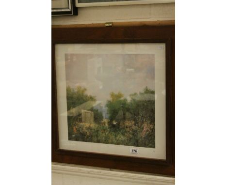 20th Century signed ltd edn print scene of a gardener in a hibiscus garden no.138 of 500 